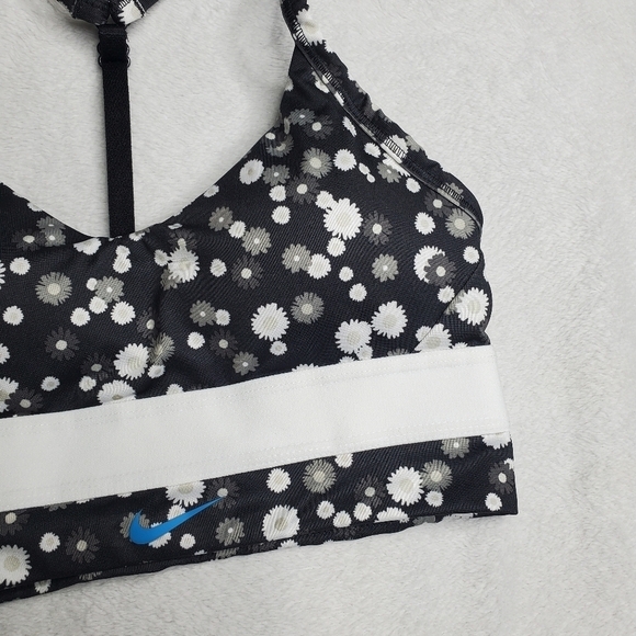 Nike Dri-Fit Indy Black & White Floral Print Swoosh Logo Racerback Sports Bra - Picture 4 of 7